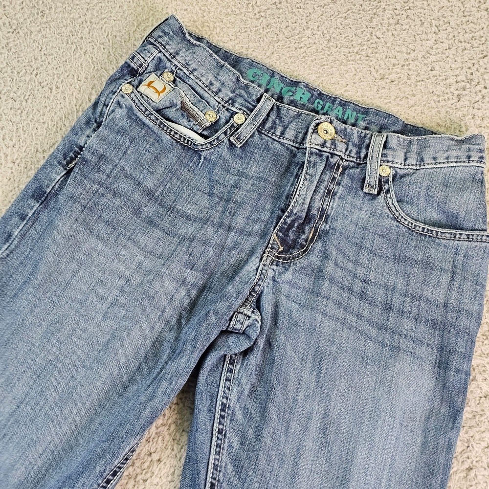 Cinch Grant Jeans Mens 28x36 Blue Relaxed Fit Bootcut Denim Distressed Western